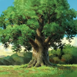 giant ash tree on landfield, gouache backdrop film still by studio ghibli miyazaki