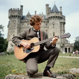 vintage photograph of count orlok crouched outside his castle, playing the blues on guitar, 4 k