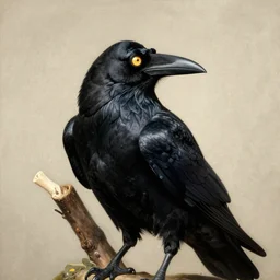A raven with golden glowing eyes by Caravaggio