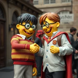 sponch bob and harry potter soon business handshake, they're all statues, octane render, 8 k, highly detailed, hyper - realistic.