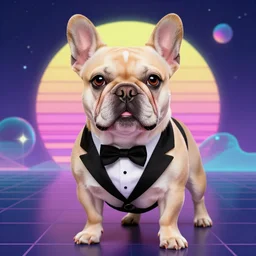 a blonde fawn french bulldog wearing a tuxedo, high quality, ultra detailed, a beautiful retrowave digital artwork, trending on artstation, masterpiece, 1 6 k
