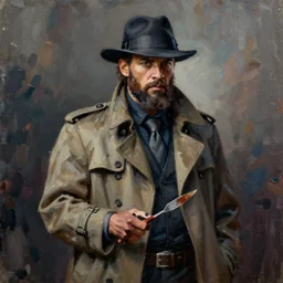 palette knife oil painting of the norse god tyr as a noir detective wearing a fedora and a trenchcoat, with one hand missing. extreme detail. artstation trending, any racial background, artgerm, deviant art, octane, substance, art history 8 k