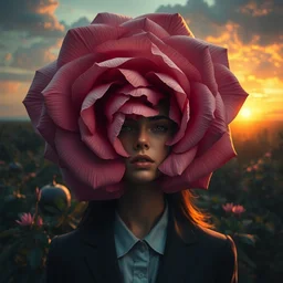 closeup, huge rose flower under head, frontal, girl in a suit, surreal photography, sunrise, dramatic light, impressionist painting, digital painting, artstation, simon stalenhag