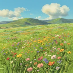 california wildflower meadow in the style of studio ghibli