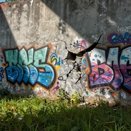 beautiful digital matte hyper real artstation sharp focus, broken graffiti wall in the grass