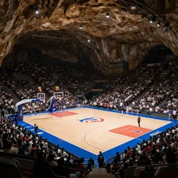 a basketball court inside a cave filled with fans attending a game