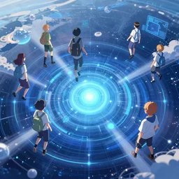 A digital dreamscape, beautiful ultradetailed anime illustration of flying into the virtual internet cyberspace, entrance into the digital universe, aerial shot, vibrant neon colors, studio ghibli, by beeple, makoto shinkai, and thomas kinkade, anime art wallpaper 4k, trending on artstation, daily deviation