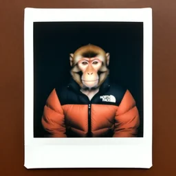 an old polaroid photo of a monkey wearing a the north face puffer jacket
