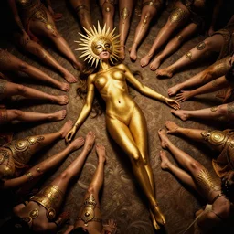 a beautiful fashion model photoshoot, full shot, full body, baroque style lighting, dramatic, tilt up angle, with a golden bodypaint, wearing a persian 2 0 inches sun gold mask in the face, and surrounded by a circle of 1 2 women legs with aztec ornaments