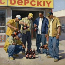 a beautiful painting of 4 los angeles crip gang members pouring colt 4 5 malt liquor on the ground in honor of a dead friend, outside of a compton corner store, midday, in the style of vermeer