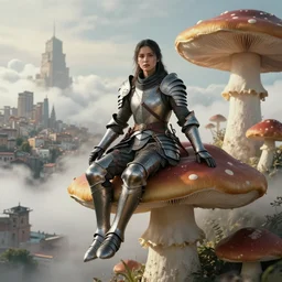 a portrait of an armored female warrior sitting on the edge of a giant mushroom that covers a whole town and reaches above the clouds by luis royo. intricate. lifelike. soft light. sony a 7 r iv 5 5 mm. cinematic post - processing