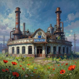 a beautiful very detailed painting of industrial architecture abandoned police station nature architecture urbex city building by nicolas poussin, water uv light lightpaint fisheye alien meadow poppy tundra steampunk thermal vision, archdaily, wallpaper, highly detailed, trending on artstation.