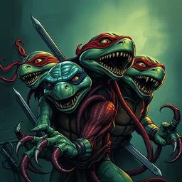 in the style of rafael albuquerque comic cover art, artgerm, 4 teenage mutant ninja turtles as lovecraftian creatures, sharp teeth, tentacles, dark scary spooky, violent