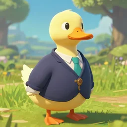in game footage of a duck wearing a suit from the legend of zelda breath of the wild, breath of the wild art style.