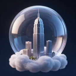miniature skyscraper inside a bubble, resting on clouds, realistic 3 d render, unreal engine, maya, 8 k, smooth, sharp focus, octane, night background