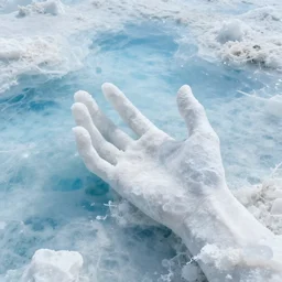 gua laut kristal putih, bidikan lebar, lantai naturalistik terbuat dari laut biru berbentuk seperti tangan, sangat kompleks, sinematik, atmosfer