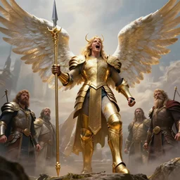 dynamic fullbody portrait of a powerful magical warrior screaming to the sky, armed with elaborate spear, angelic wings, golden armor, well lit, by greg rutkowski and gaston bussiere and craig mullins and j. c. leyendecker, volumetric lighting, hd, 2