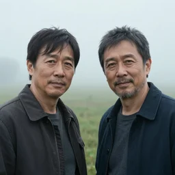 a cinematic headshot portrait of a pair of twin middle aged males stood in a fog filled field, ultra realistic, depth, beautiful lighting