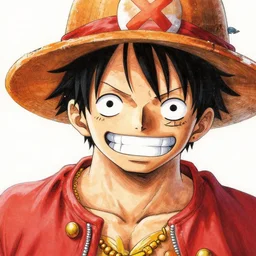 A beautiful portrait painting of Monkey D Luffy, hyper detailed manga drawing, trending on artstation cgsociety, vibrant colors by Eiichiro Oda.