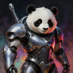 a panda mecha, close - up portrait, reflective detailed textures, glowing colorful fog, dark background. highly detailed fantasy science fiction painting by moebius, norman rockwell, frank frazetta, and syd mead. rich colors, high contrast. trending on artstation