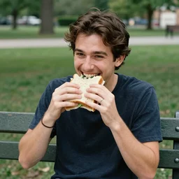 keanu happily eating a sandwich on a park bench, enjoying life to its fullest, full of joy, candid photo