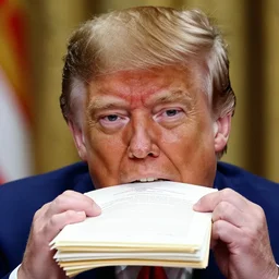 close - up portrait of donald trump stuffing his mouth with classified documents, by annie liebowitz
