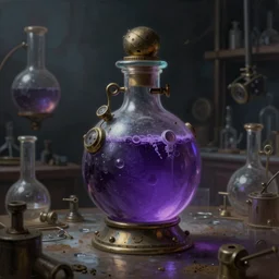 a painting of a steampunk voilet potion bottle in a dark dusty vintage science lab, by h. r. giger, hyperrealistic fantasy art, concept matte, ethereal, dreamy, digital art, trending on artstation, volumetric cinematic lighting