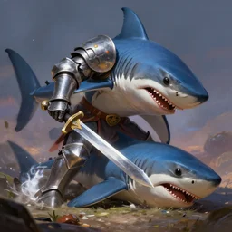 anthropomorphic thresher shark in knight armor dropping his sword, embarrassed shark, death in battle, fantasy, digital painting, dramatic lighting, vibrant setting, realistic shading, unreal engine 5, concept art, ultra detailed, trending artstation