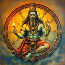 silvio berlusconi avatar of the god shiva, traditional vedic painting, the wheel of samsara is visible