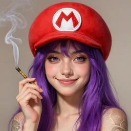 portrait of a young girl wearing a super mario hat, nose ring, upper body, purple hair, long hair, joyful smirk, intricate, smoking weed, elegant, highly detailed, digital painting, artstation, concept art, matte, sharp focus, illustration, art by artgerm and greg rutkowski and alphonse mucha
