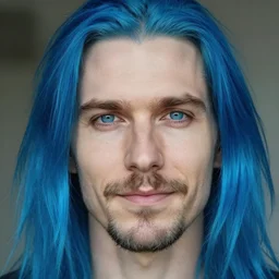 a man with long blue hair and a goatee : : human face, blue eyes, pale skin, smiling slightly, looking towards camera : : portrait : : photorealistic