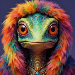 close up sci - fi hippie poster art simon stalenhag reptile robot eyes, rainbow fur, elegant, highly detailed, centered, digital painting, concept art, smooth, sharp focus, illustration, artgerm, tomasz alen kopera, peter mohrbacher, donato giancola, joseph christian leyendecker, wlop, frank frazetta