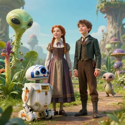 a girl and a boy standing next to some alien plants, looking happy, wearing victorian clothes, their pet droid is nearby, while a small cute alien creature is standing behind them, in a park on a alien planet, extremely high detail, ultra realistic facial details, enhanced faces, ultra photorealistic raytracing, 8k