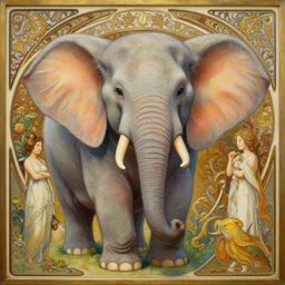 an hyper intricate oil painting of an anthropomorphic cute elephant!!!!!, hyper detailed ears, excellent composition, by yoshitaka amano, by greg rutkowski, by alphonse mucha, by rhads, by ross tran, trending on artstation