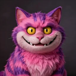 stunning portrait of the cat of cheshire bosch with pink and purple stripes and a sadistic smile by hieronymus bosch