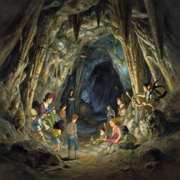 Mythic underground caverns. Art by James C. Christensen, James Gurney, Andreas Rocha, Barclay Shaw, Thomas Cole, Antoine Blanchard, Gilbert Williams, Christophe Vacher, Studio Ghibli.