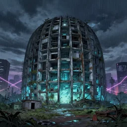 a beautiful photorealistic anime illustration of urbex architecture abandoned unfinished building city nature vault industrial architecture building by alvar aalto, tundra uv light magic realism retrowave bladerunner 2 0 4 9 anime rainforest cloudy night laser desert, archdaily, wallpaper, highly detailed, trending on artstation.