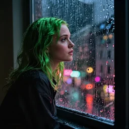 alicia vikander with green hair looking out a window on a rainy night, nighttime!, raining!!, colorful city light reflections!!