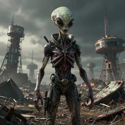 spooky alien in a nuclear wasteland, 3 d render, octane, ray tracing, ultra high resolution, ultra detailed, photorealistic, 8 k, disgusting