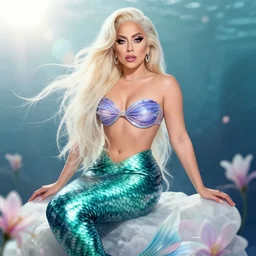 lady gaga as a mermaid, intricate, sharp focus, lens flare, bloom, illustration, highly detailed, digital painting, concept art, matte, art by ruan jia and wlop and greg rutkowski