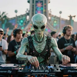 alien dj playing edm in tomorrowland. still film. 35 mm lens. sharp focus. intricate