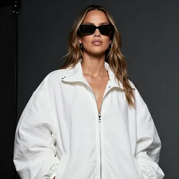 detailed attractive characther portrait of alessandra ambrosio wearing oversized nilon white luxury jacket and wearing sunglasses, realistic, wide angle, dramatic light 8 k