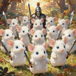 dungeons and dragons fantasy painting, close order phalanx of mice spartans, 3 0 0, whimsical and cute, determined expressions, watery blue eyes, anime inspired, white fur, tufty whiskers, steel blades, dawn lighting, in an autumn glade by brain froud jessica rossier and greg rutkowski