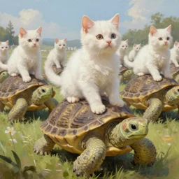 white kittens riding giant turtles, battalion, digital oil painting, trending on artstation