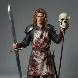 d&d loxodon wearing a bloody apron holding a giant sword in one hand and a severed head in another