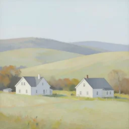 new england houses among hills and fields, light pastel style painting