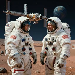 extreme long shot of a soviet cosmonaut in mars, mets for the first time with an alien civilisation, ussr international space station in the background, sovietwave aesthetic, sci fi, soviet futurism, socialist realism, ultra detailed, hyperrealistic, octane render