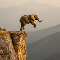 award winning photo of jumping elephant falling jumping off of mountain cliff, golden ratio, rule of thirds, lighting