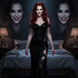 gorgeous alyson hannigan, evil dead movie, full body shot, torn black dress, evil smile, spooky, illustration, symmetrical face realistic symmetrical eyes, bedroom setting, cinematic lighting, evil dead, artgerm, hyperdetailed, charlie bowater, dean cornwell, beautiful, elegant