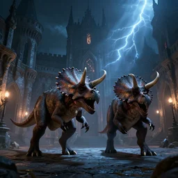 two zombie triceratops on a medieval palace courtyard at night, menacing, scary, powerful, high quality, epic, dnd, fantasy art, artstation, dramatic lightning, digital illustration